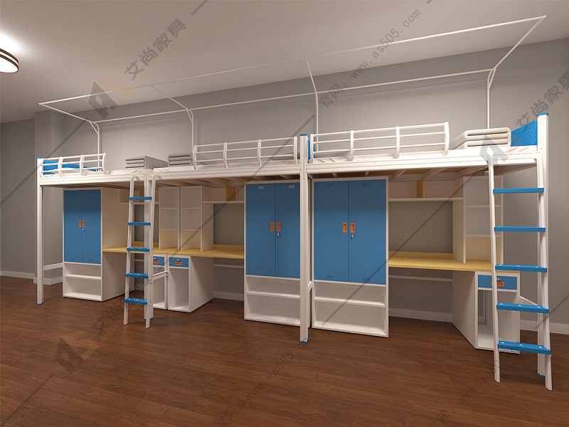 艾尚家具給客戶定制的這款大學公寓床的大有講究，米白色代表了友善，搭配淺藍色的整體家具，玩味十足，讓人心情愉快。淺藍色能讓原本不大的空間在視覺上顯得格外寬敞，使空間溫柔細膩，厚實迷人。